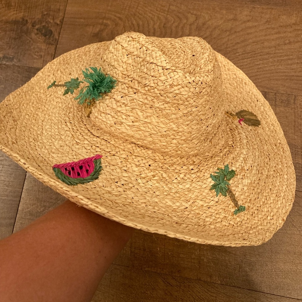 Hat Attack Wide Brim Sun Hat Raffia Fruit Palm Tree Embroidery Beach Boho OSFM